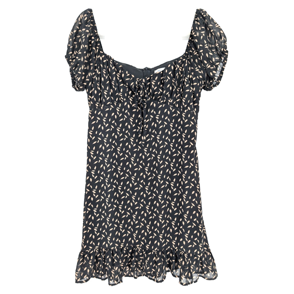 Black Feather Print Milkmaid Babydoll Prairie‎ Peasant Fairy Grunge Dress LG